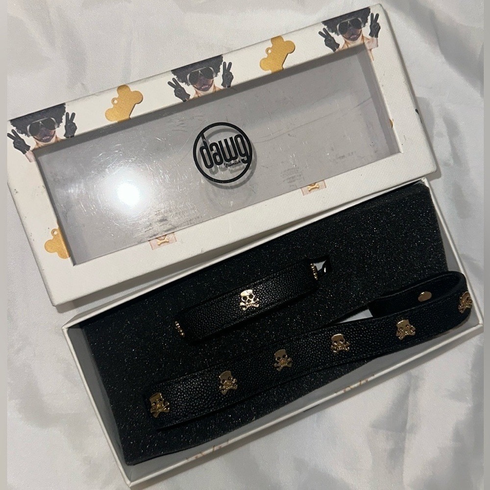 Erimish Dawg Marty Black Leather Skull Bracelet and Dog Collar Set Gold Hardware